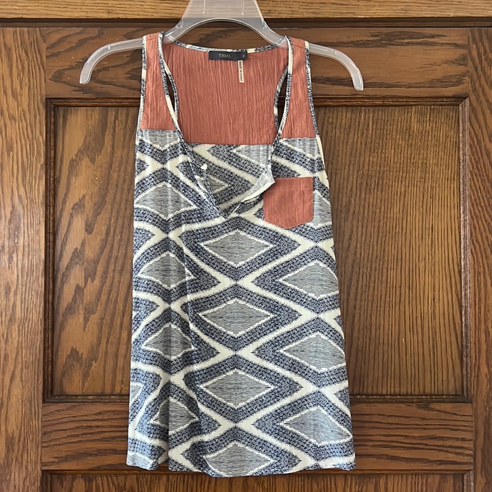 THML Navy, White, Terracotta Patterned Racerback Tank with Pocket.  Small.